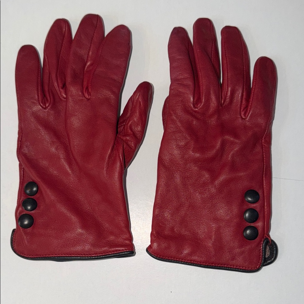 Ann Taylor Red Leather Gloves with Black Buttons